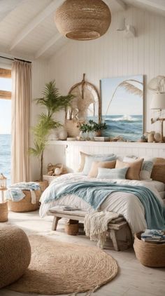 a bedroom with white walls and wooden flooring next to the ocean is furnished with wicker furniture