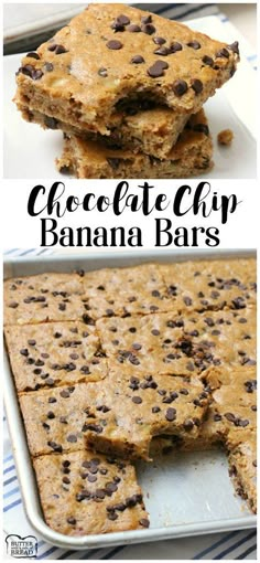 chocolate chip banana bars are stacked on top of each other and ready to be eaten