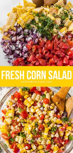 fresh corn salad in a glass bowl with wooden spoons on the side and text overlay that reads fresh corn salad