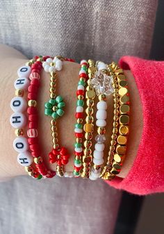 Christmas Bracelet Stack / Christmas Bracelets / Holiday Bracelets / Ho Ho Ho Bracelet / Christmas Flower Bracelet 18k Gold Filled Bracelets - Etsy Make Clay Beads, Christmas Jewelry Diy, Holiday Bracelets, Preppy Bracelets, Bracelets Etsy, Kandi Cuff, Friendship Bracelets With Beads, Bracelet Christmas, Diy Bracelets Easy