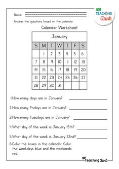 a calendar worksheet for the month of january, with numbers and words on it