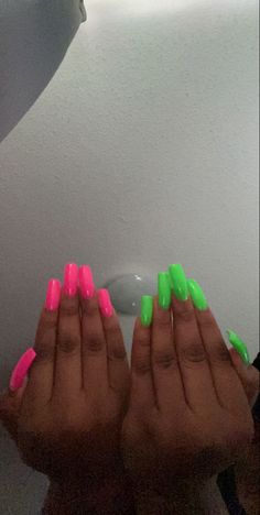 Bright Medium Nails, Neon Green And Pink French Tip Nails, Summer Acrylic Nails Neon Green, One Hand Green One Hand Pink Nails, Summer Nails Green And Pink, Bright Color Nails Summer, Summer Neon Acrylic Nails, Plain Neon Nails, Neon Pink Green Nails