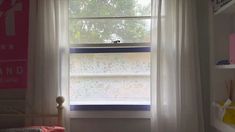 a bedroom with a bed, window and book shelf in front of the curtained window