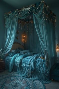 a canopy bed with lights hanging from it's sides and drapes over the head