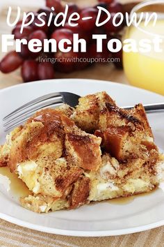 french toast souffle on a white plate with a fork