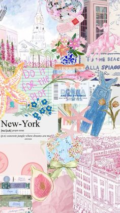 the new york collage is made up of many different things and colors, including flowers