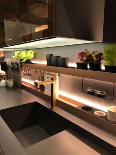 a kitchen counter top with pots and pans on the shelf next to it's sink