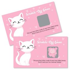 two pink business cards with white cats on them, one is for scratch off game