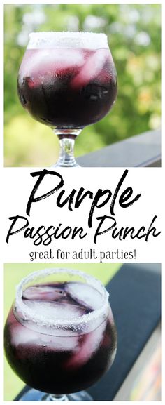 the purple passion punch is served in a tall glass with ice and garnish