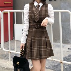 Coffee Plaid Pinafore Dress / Blouse (Brown) Vintage Pinafore, Plaid Skirt Set, Academia Style, Academia Fashion, Cottagecore Fashion, Cute Matching, Dress Blouse, Crisp White Shirt, Pinafore Dress