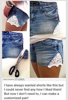 four pictures of shorts with crochet lace on the bottom, and an open pocket at the back