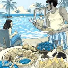 a man and woman sitting at a table with food in front of the water, looking at each other