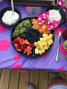 a plate of fruit and yogurt on a purple tablecloth with polka dots