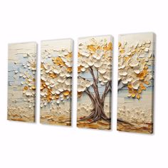 three pieces of art depicting a tree with leaves on it