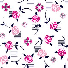 pink roses and black leaves on a white background seamless pattern with horizontal lines in the center