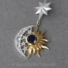 SOLAR ECLIPSE sun and moon silver and 14k gold by WingedLion White Gold Sterling Silver Sun And Moon Jewelry, Black Sterling Silver Jewelry With Sun And Moon Design, Unique Sterling Silver Sun And Moon Jewelry, Interesting Accessories, Design Techniques, Magical Jewelry, Crystal Ornament, Moon Jewelry, Black Spinel