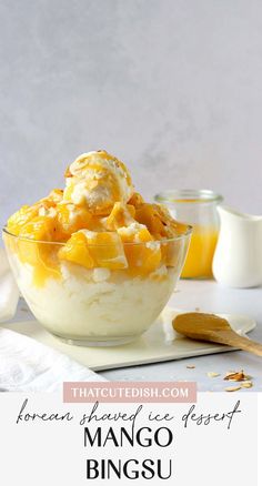 mango bingsu in a bowl with ice cream on top Korean Shaved Ice Recipe, Mango Bingsu, Korean Shaved Ice, Shaved Ice Dessert, Dessert Shooters Recipes, Ice Dessert