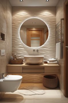 a bathroom with a round mirror above the sink