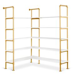 a gold and white shelf with three shelves on each side, one is open to show the