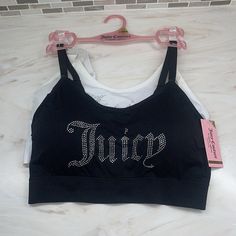 Juicy Couture 2 Pack Rhinestoned Juicy Sports Bras Small Medium. Strappy Bralette, Pink Bralette, Black Seamless, Bra Brands, Juicy Couture Black, White Sports Bra, Black Sports Bra, Pink Bra, Bra Set