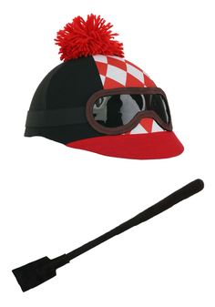 a red and black hat with goggles on it