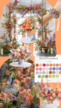 an assortment of flowers and vases on display in front of a window with color swatches