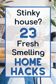 a living room with text that reads stinky house 23 fresh smelling home hacks