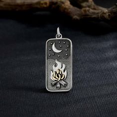 Sterling Silver Rectangular Campfire under the moon pendant 28 x 11 mm. This pendant is a new release and won't be available for shipping until February 19th, 2024. Campfire Scene, Travel Charms, Silver Bar Necklace, Pendant Bails, Under The Moon, Silver Bead Bracelet, Monogram Jewelry, Mini Charm, Love Charms