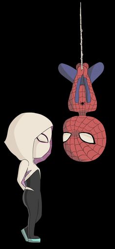 an animated spiderman hanging from the ceiling next to a person with their head down