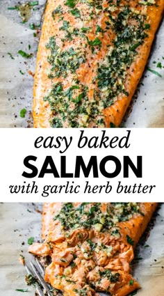 salmon with garlic herb butter on a baking sheet