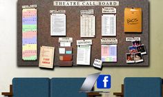 a bulletin board with several pieces of paper attached to it and two blue chairs next to it