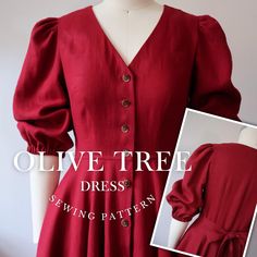 a red dress with puffy sleeves and buttons