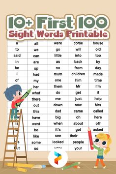 a poster with words and pictures on it that say first 100 sight words printable