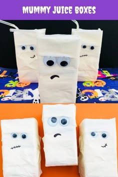 three bags with faces and eyes on them, one is made out of white paper