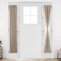 an open door with curtains hanging on the side