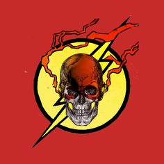 a skull with a lightning bolt coming out of it's head on a red background