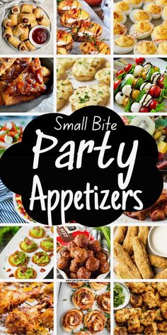 small bite party appetizers collage with black and white text overlays