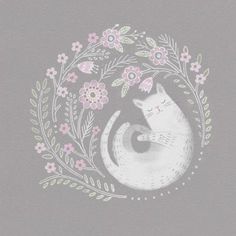 a drawing of a cat sitting in a circle with flowers on it's side