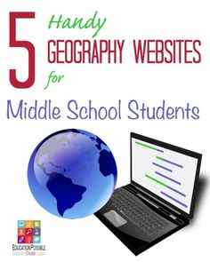 a laptop computer sitting on top of a desk with the words 5 handy geography website for middle school students