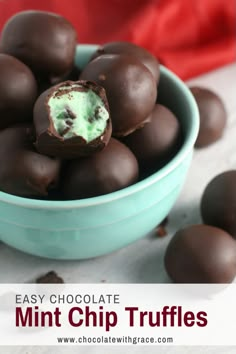 chocolate mint chip truffles in a blue bowl