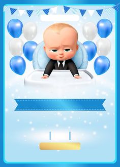 a baby in a suit sitting on top of a bed next to blue and white balloons