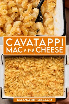 a casserole dish with macaroni and cheese in it, next to a sign that says cavatapi and cheese