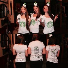 four girls in starbucks shirts holding up their mugs