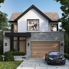 a car is parked in front of a house with two windows and a garage door