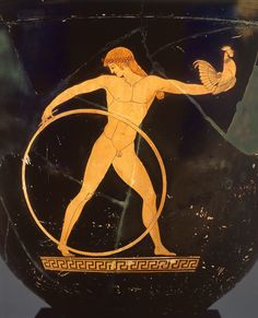 an ancient greek vase with a man holding a bird on it's arm and standing in the center