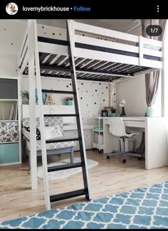 a loft bed with a desk underneath it and a ladder to the upper level above