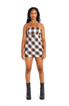 Details & Fit - empire waist - side zipper - a-line Londyn is 5'10" and wearing size M Fabric & Care 64% Poly, 34% Rayon, 2% Spandex Machine Wash Cold / Dry Flat Brown Plaid, Plaid Dress, Holiday Collection, Xl Dress, Empire Waist, Dresses Xs, Side Zipper, Fabric Care, Strapless Top