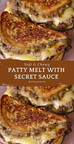 two grilled cheese sandwiches on top of each other with the words patty melt with secret sauce