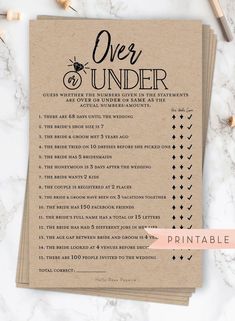 a printable wedding game with the words over under