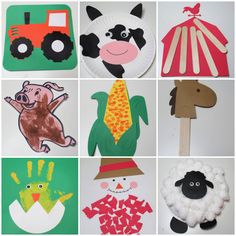 paper plates with farm animals and farm animals on them are arranged in the shape of pictures